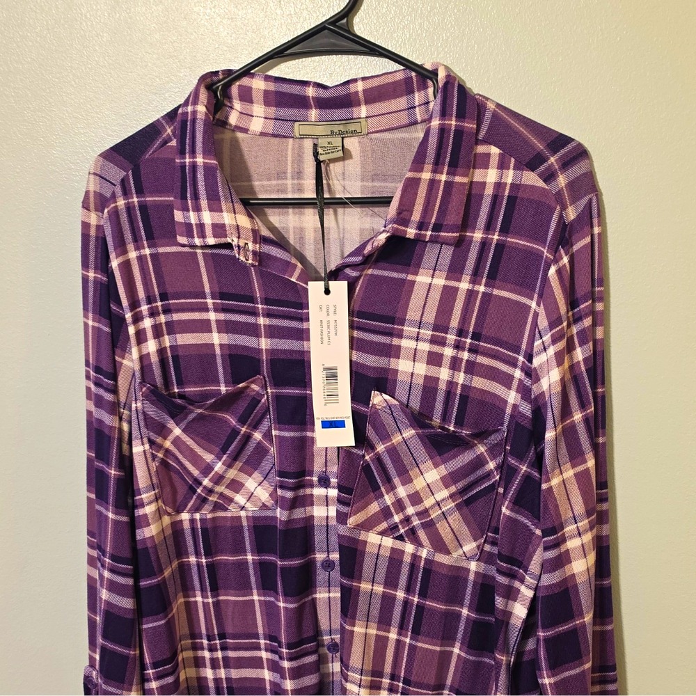 By Design Purple/White Plaid Flannel Collared 3/4 Sleeve Button-Up XL #325